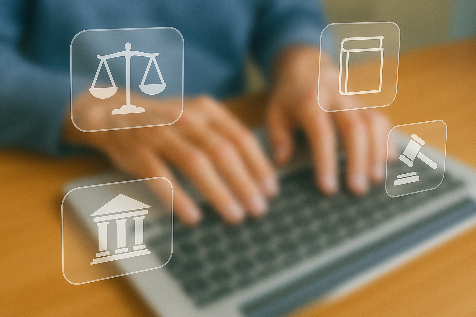 Close-up hands typing with legal icons overlay